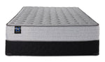 Sealy Burchelle Extra Firm Tight Top Queen mattress and black quilted boxspring set, front view