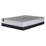Sealy Burchelle Extra Firm Tight Top Full mattress with black low profile boxspring, three-quarter view