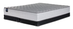 Sealy Burchelle Extra Firm Tight Top Queen mattress with black low profile split boxsprings, three-quarter view