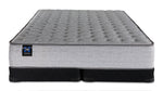 Sealy Burchelle Extra Firm Tight Top King mattress with black low profile split boxspring, front view