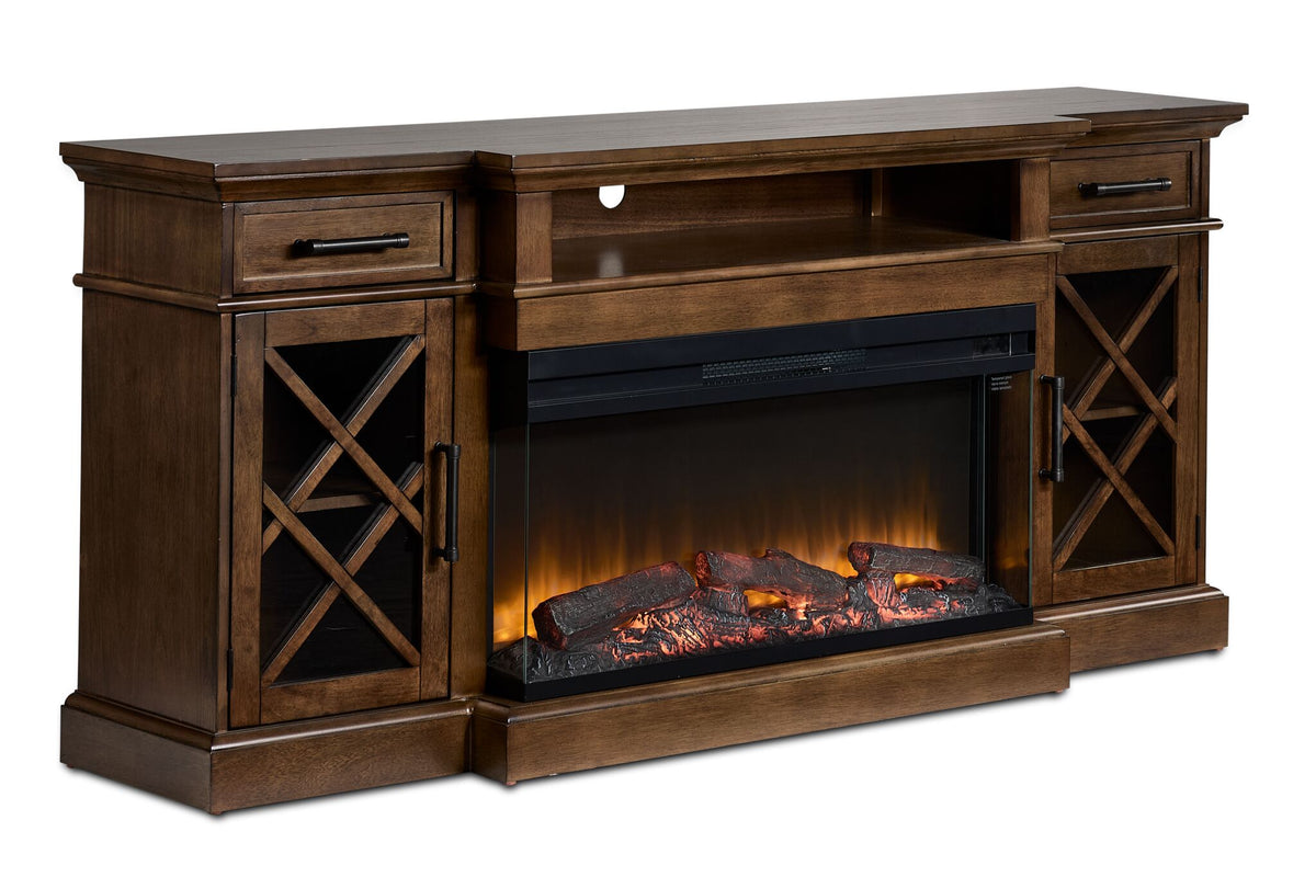Cardiff 70" Fireplace TV Stand - Walnut, angled view with electric fireplace, glass cabinet doors and open media shelf