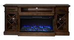 Cardiff 70" Fireplace TV Stand - Walnut, front view with blue electric flames, glass cabinet doors and open media shelf