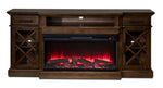 Cardiff 70" Fireplace TV Stand - Walnut, front view with red electric flames, glass cabinet doors and open media shelf