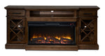 Cardiff 70" Fireplace TV Stand - Walnut, front view with yellow electric flames, glass cabinet doors and open media shelf