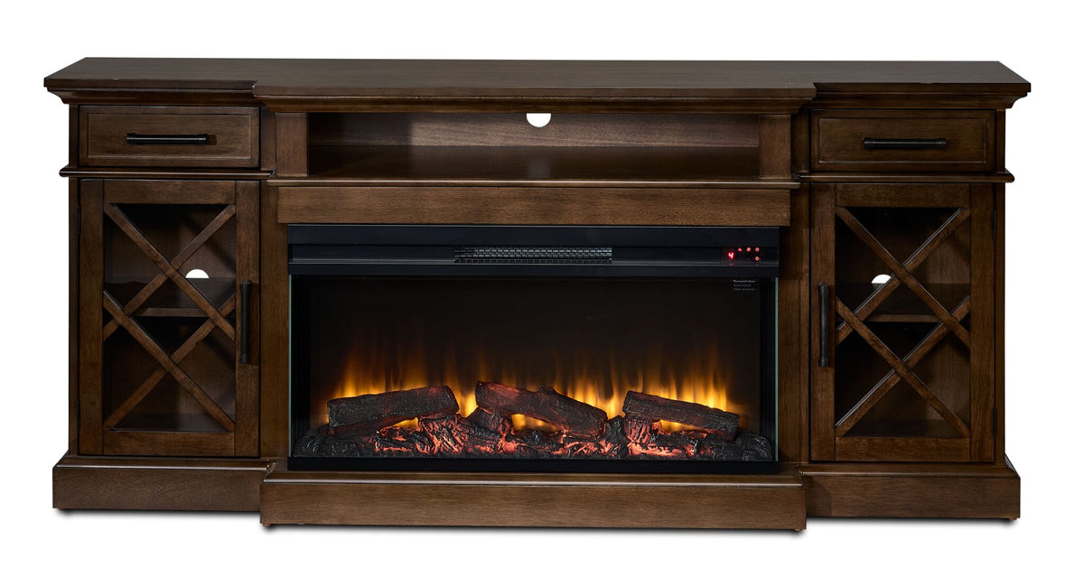 Cardiff 70" Fireplace TV Stand - Walnut, front view with yellow electric flames, glass cabinet doors and open media shelf