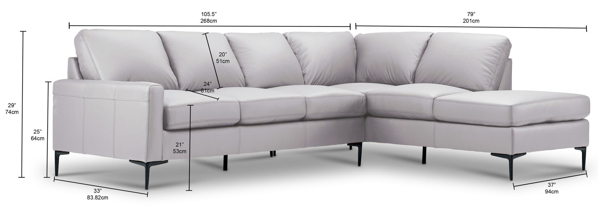 Chito Leather 2-Piece Sectional with Right Facing Chaise - Cloud Grey