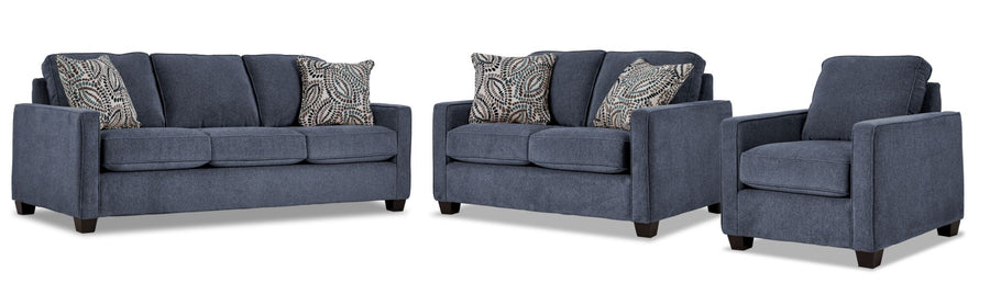 City Sofa, Loveseat and Chair Set - Blue