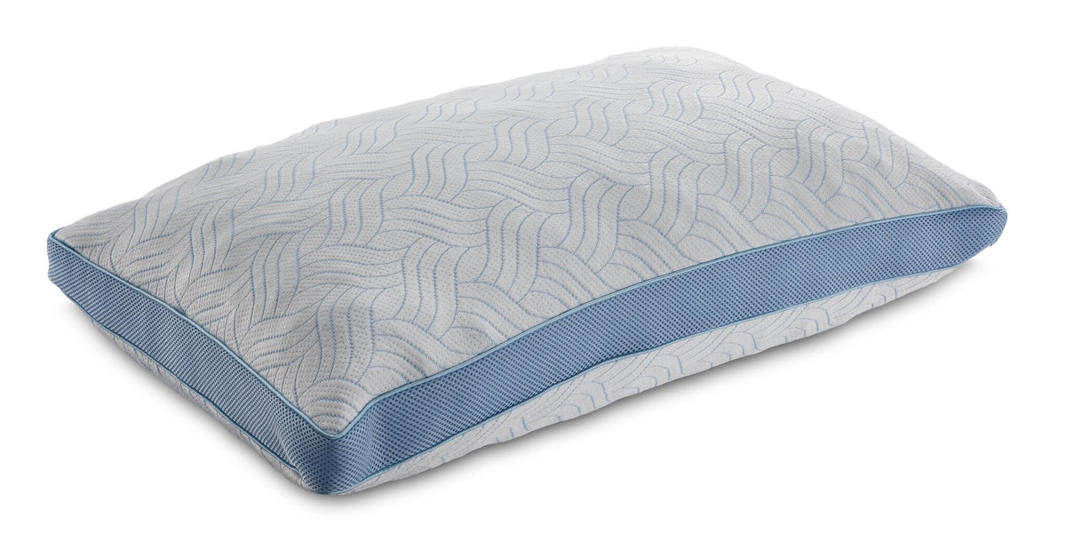 Cool Ice Queen Pillow, angled view with white patterned fabric, blue mesh side panel and blue piping