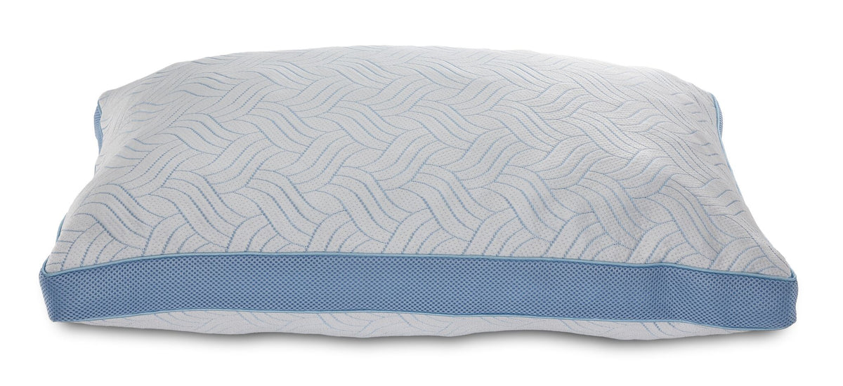 Cool Ice Queen Pillow, front view showing white wave-patterned fabric and breathable blue mesh side panel