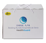 Packaging for the King 10-Piece Cool Touch White Dream Bedding Bundle featuring Dream Bedding Bundle and HealthGuard branding