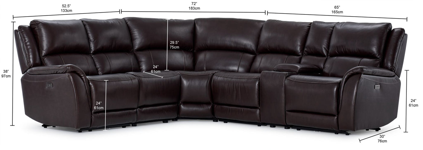 Cordova Leather 6-Piece Power Reclining Sectional - Dark Brown