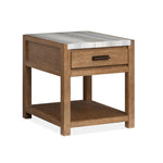 Plum Creek 22-inch Sierra Brown end table with marble top, drawer and lower fixed shelf