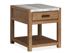 Plum Creek 22-inch Sierra Brown end table with marble top, drawer and lower fixed shelf