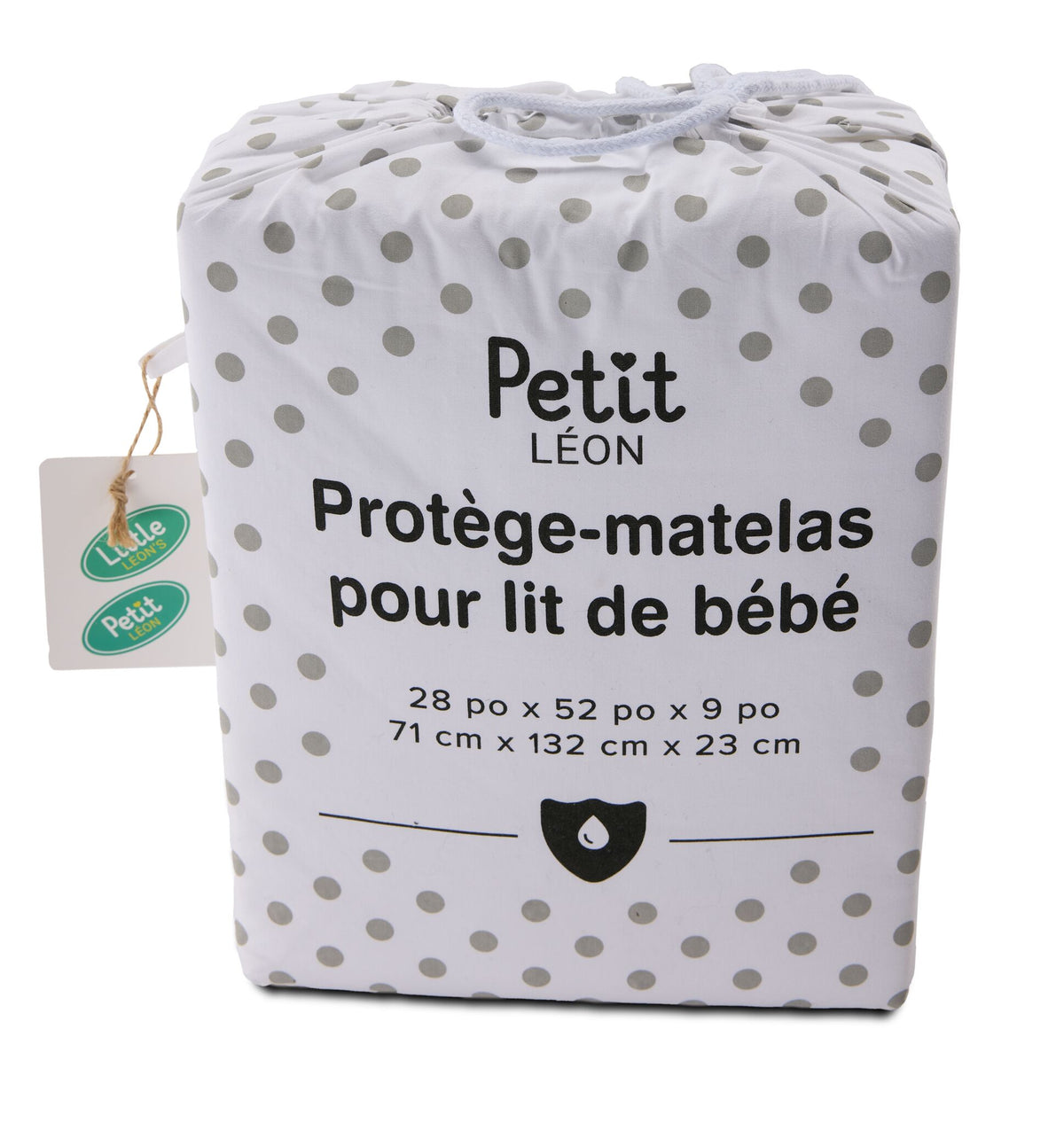 Petit Léon crib mattress protector in white polka-dot drawstring packaging with 28 x 52 x 9 inch sizing