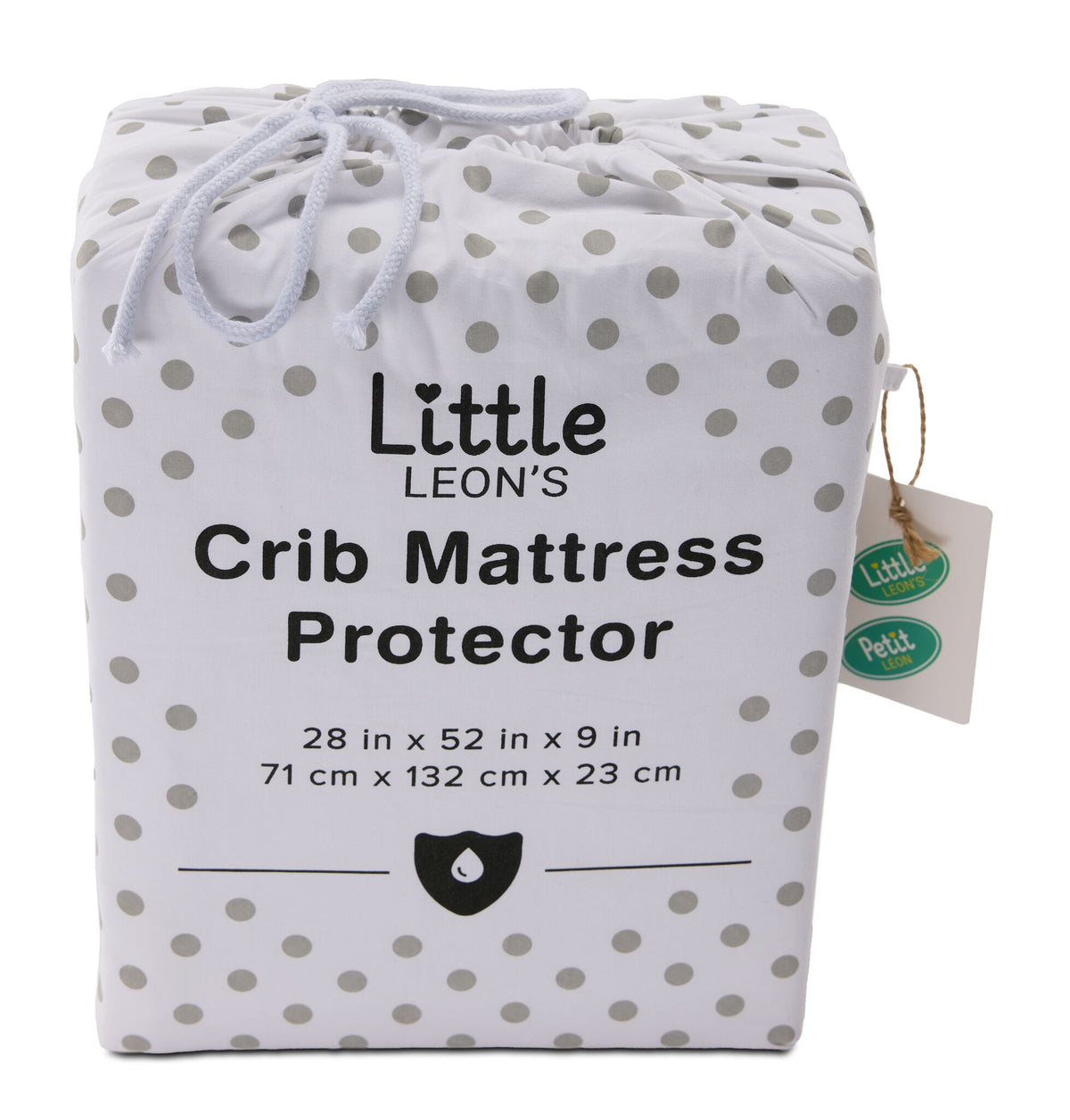 Little Leon’s crib mattress protector in white polka-dot drawstring packaging with 28 x 52 x 9 inch sizing