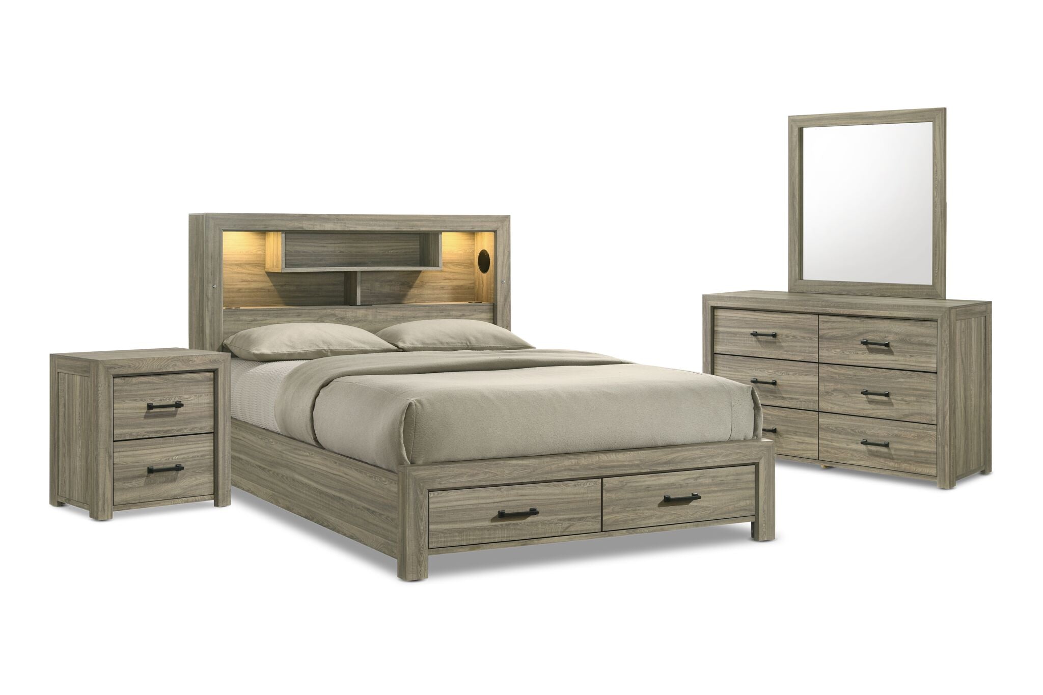 Dario 6-Piece Queen Storage Bedroom Set - Light Brown, Beige