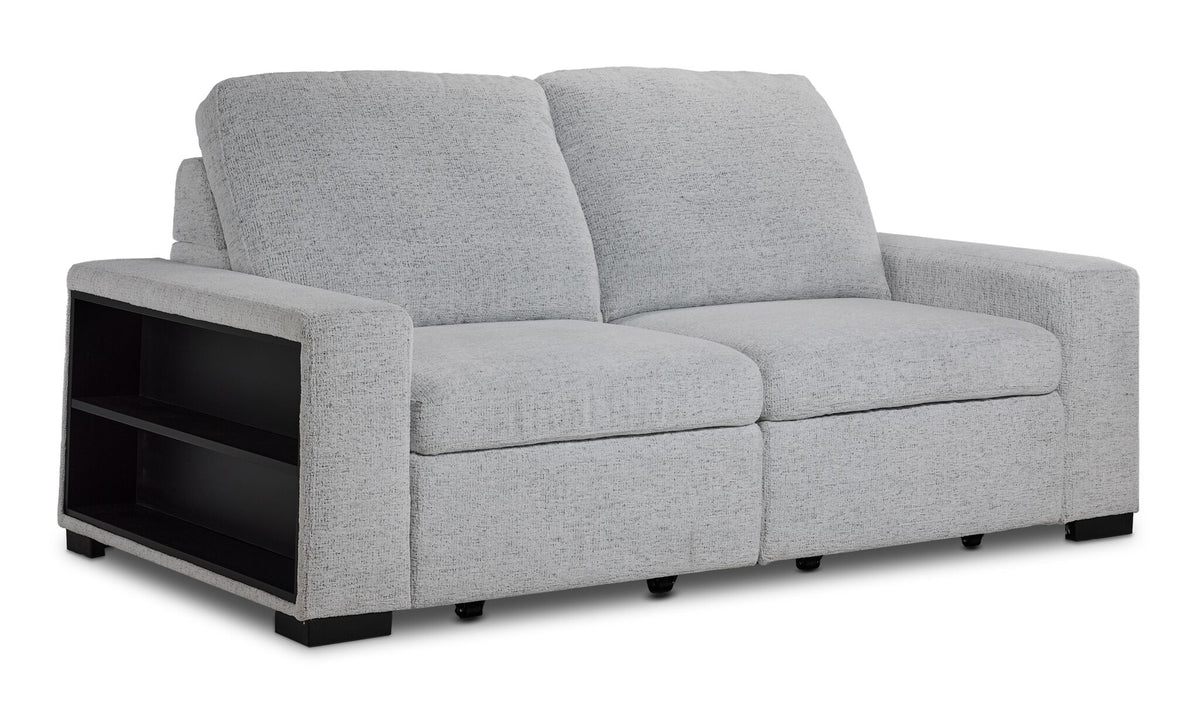 Delphine Power Slide-Out Sofa Bed - Off White with two plush seats, padded arms and built-in side storage shelves