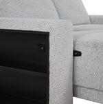 Delphine Power Slide-Out Sofa Bed - Off White close-up showing built-in side storage shelves and USB charging port