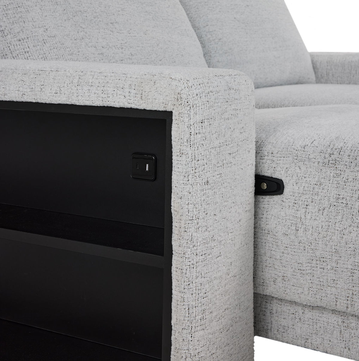 Delphine Power Slide-Out Sofa Bed - Off White close-up showing built-in side storage shelves and USB charging port