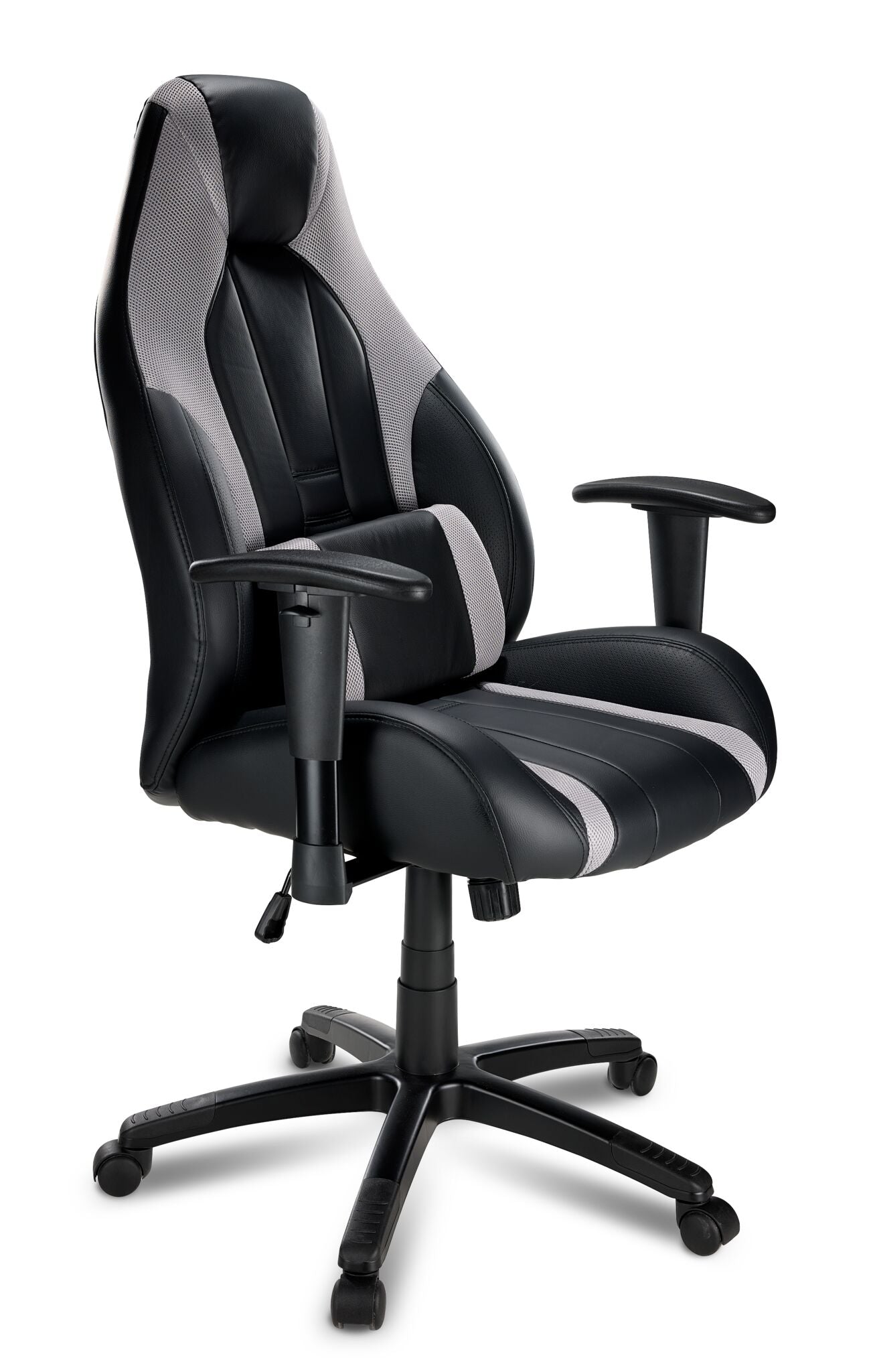 Dixon black and grey leather-look gaming chair with high back, lumbar cushion, armrests and five-wheel base