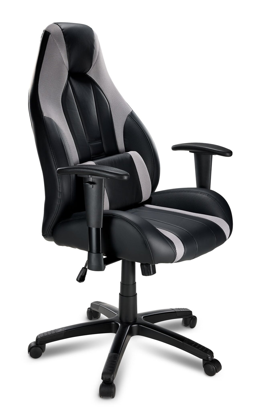 Dixon black and grey leather-look gaming chair with high back, lumbar cushion, armrests and five-wheel base