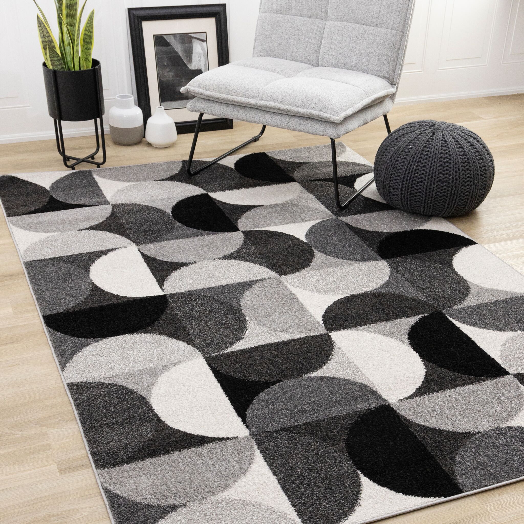 Eclipse 6'7" x 9'6" Mid-Century Modern Design Area Rug - Grey, Black, White