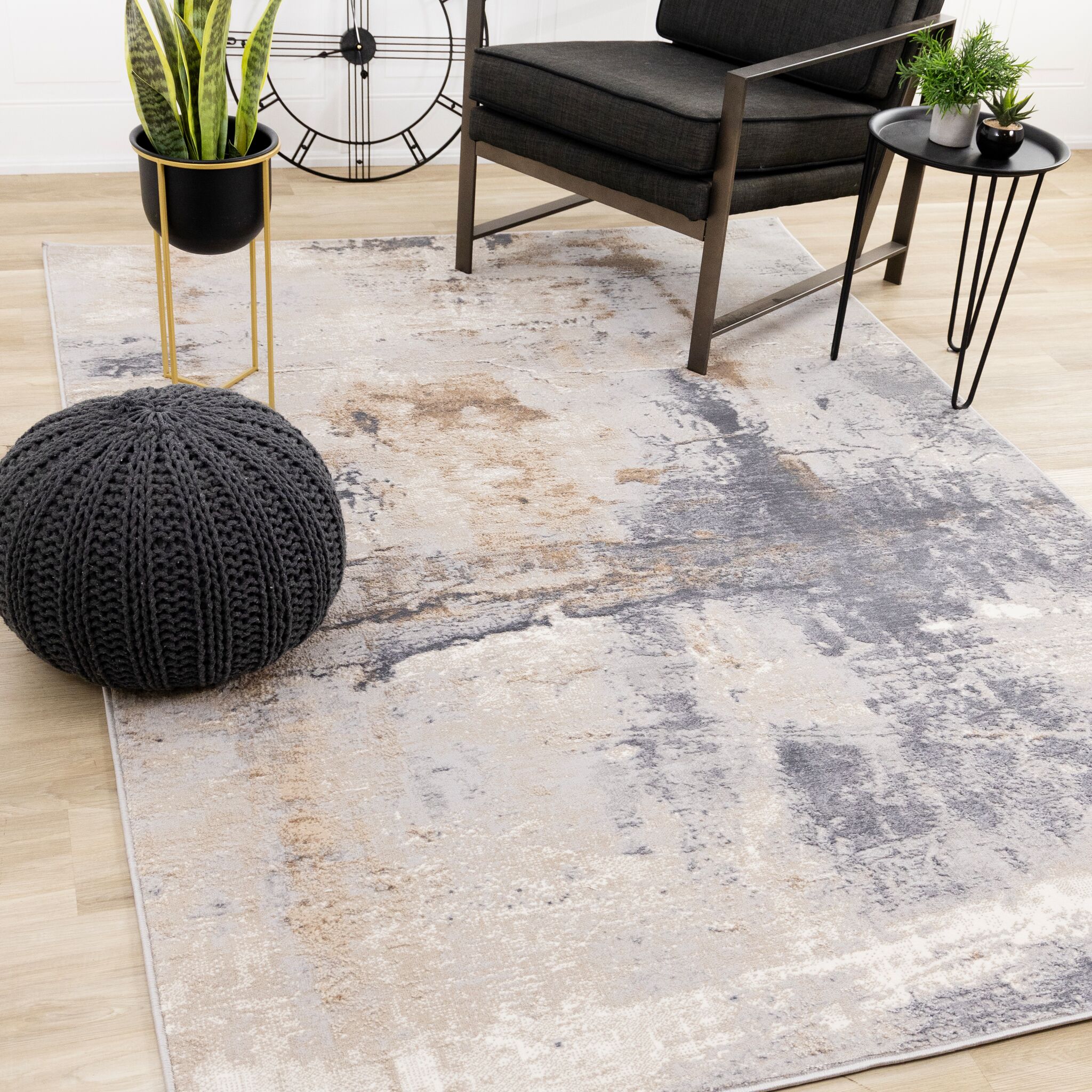 Smoky Terrain 6'7" x 9'6" Distressed Design Area Rug - Taupe, White, Brown