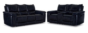 Fabio Leather Dual Power Reclining Sofa and Loveseat with Console Set - Dark Blue