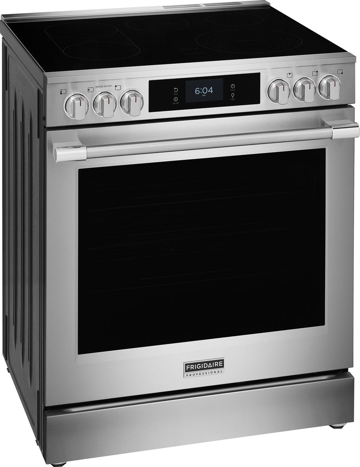 Frigidaire Professional 30-inch stainless steel electric range with oven door open, illuminated 6.2 cu. ft. interior, multiple racks and cooking tray