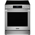 Front view of Frigidaire Professional 30-inch stainless steel electric range with smooth black cooktop, front control knobs, digital display and large oven window