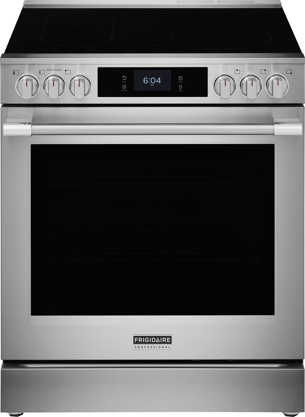 Front view of Frigidaire Professional 30-inch stainless steel electric range with smooth black cooktop, front control knobs, digital display and large oven window