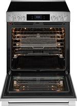 Frigidaire Professional 30-inch stainless steel electric range shown from a three-quarter angle with smooth black cooktop, front controls and large oven window