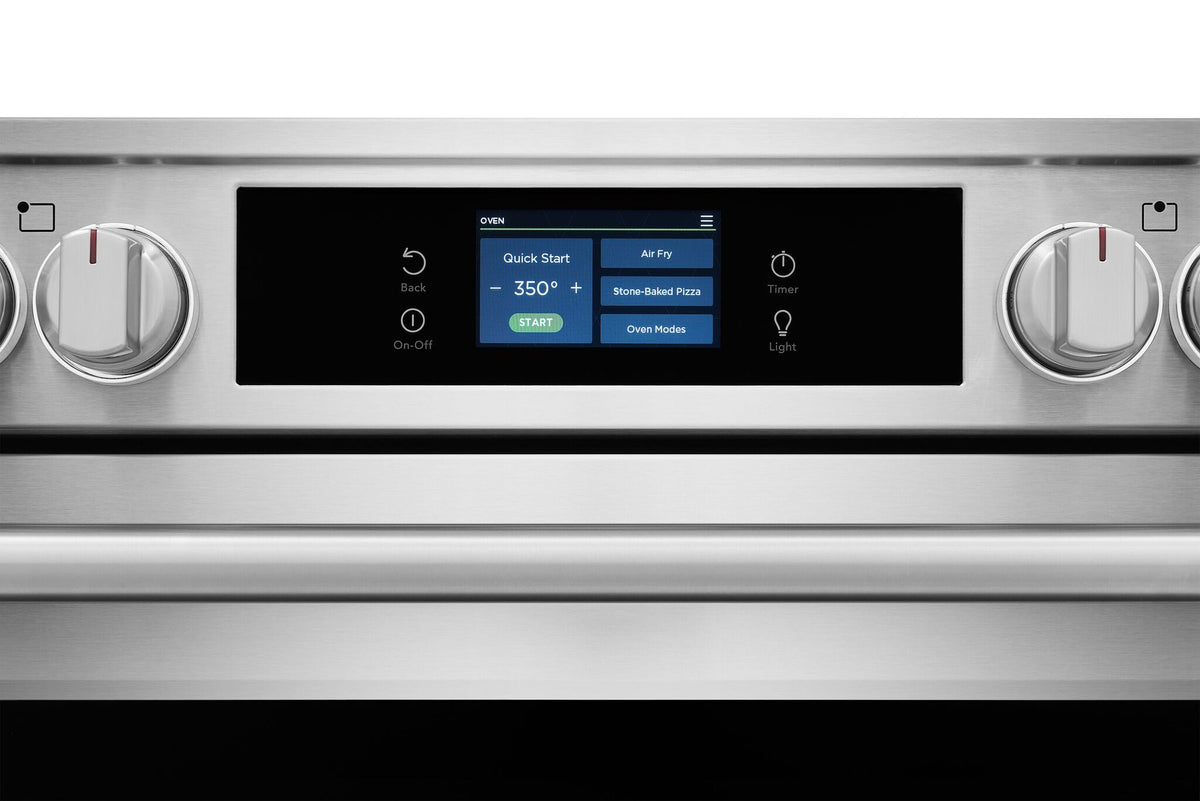 Close-up of Frigidaire Professional electric range touchscreen showing Quick Start, Air Fry, Stone-Baked Pizza and oven mode options