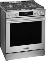 Frigidaire Professional 30-inch stainless steel gas range shown from a three-quarter angle with six-burner cooktop, digital controls and large oven window
