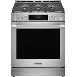 Front view of Frigidaire Professional 30-inch stainless steel gas range with six burner controls, digital display and large black oven window