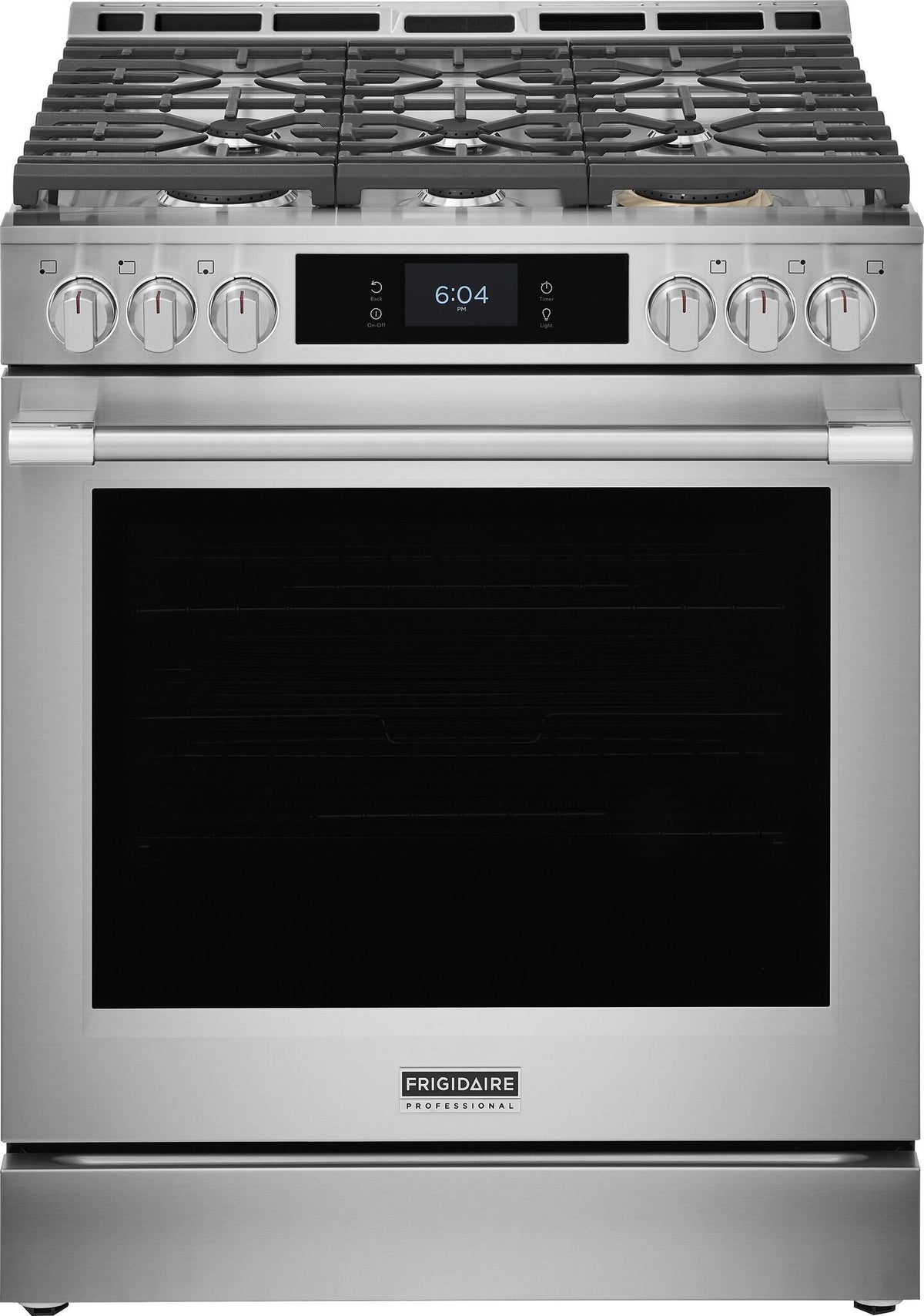 Front view of Frigidaire Professional 30-inch stainless steel gas range with six burner controls, digital display and large black oven window