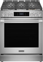 Front view of Frigidaire Professional 30-inch stainless steel gas range with six burner controls, digital display and large black oven window