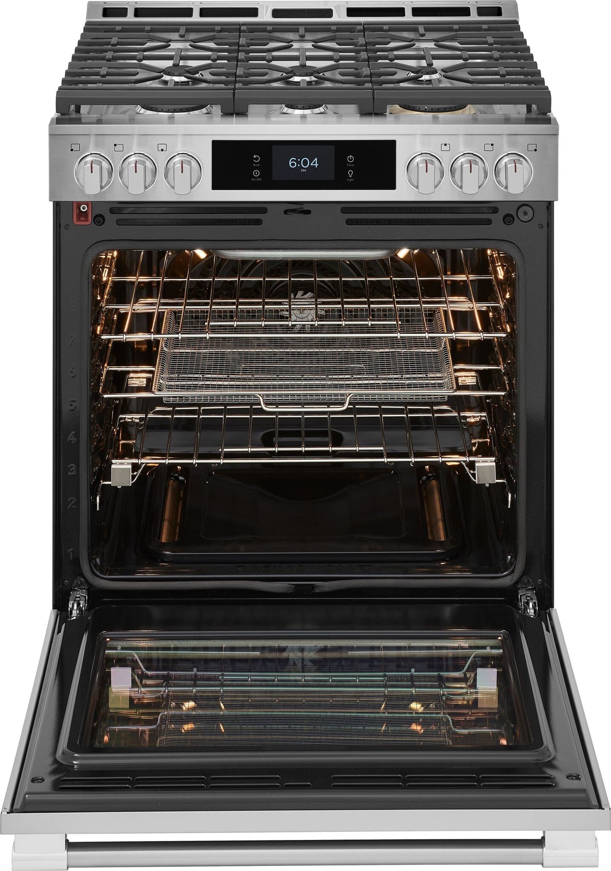 Frigidaire Professional 30-inch stainless steel gas range with oven door open, illuminated 6 cu. ft. oven interior, racks and cooking tray