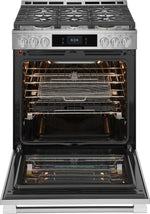 Frigidaire Professional 30-inch stainless steel gas range with oven door open, illuminated 6 cu. ft. oven interior, racks and cooking tray