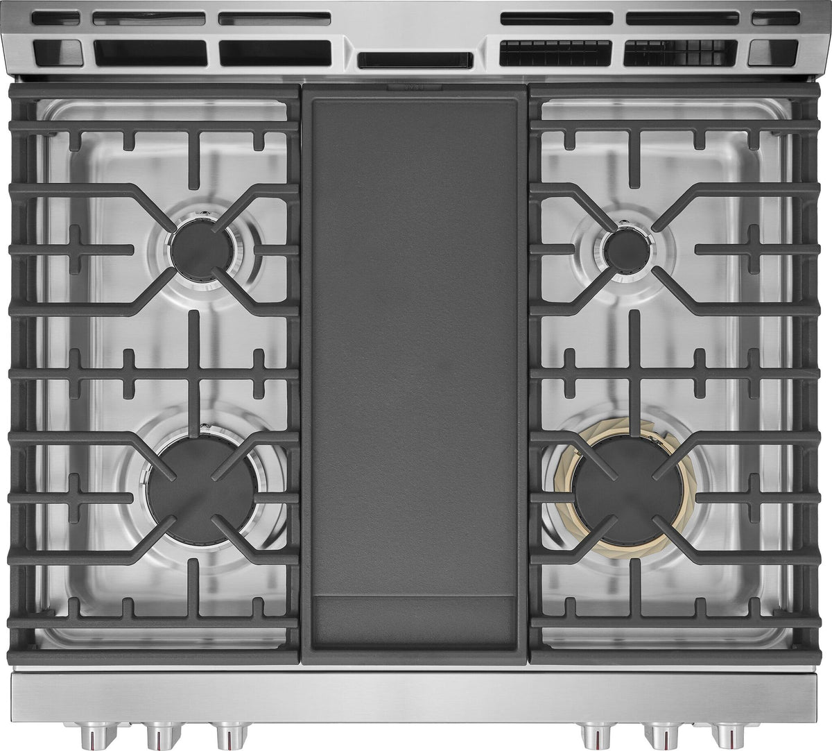 Top view of Frigidaire Professional 30-inch gas range cooktop with four gas burners, cast iron grates and centre griddle