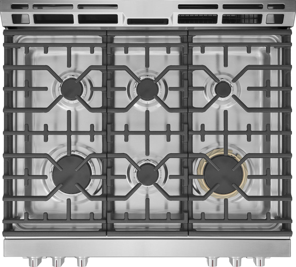 Top view of Frigidaire Professional stainless steel gas range with six gas burners and continuous cast iron cooking grates