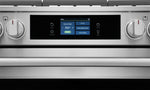Close-up of Frigidaire Professional gas range touchscreen control panel showing Quick Start, Air Fry, Stone-Baked Pizza and oven mode options