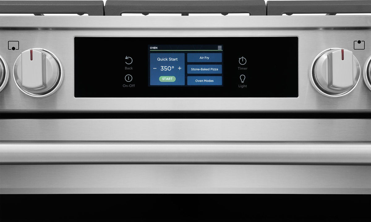 Close-up of Frigidaire Professional gas range touchscreen control panel showing Quick Start, Air Fry, Stone-Baked Pizza and oven mode options