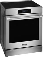 Frigidaire Professional 30-inch stainless steel induction range with oven door open, illuminated 6.2 cu. ft. interior, multiple racks and cooking tray