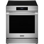 Front view of Frigidaire Professional 30-inch stainless steel induction range with black glass cooktop, digital control panel and large oven window