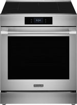 Front view of Frigidaire Professional 30-inch stainless steel induction range with black glass cooktop, digital control panel and large oven window