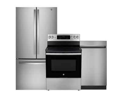 GE Stainless Steel Kitchen Package with Counter-Depth Refrigerator, Electric Range & Built-In Dishwasher