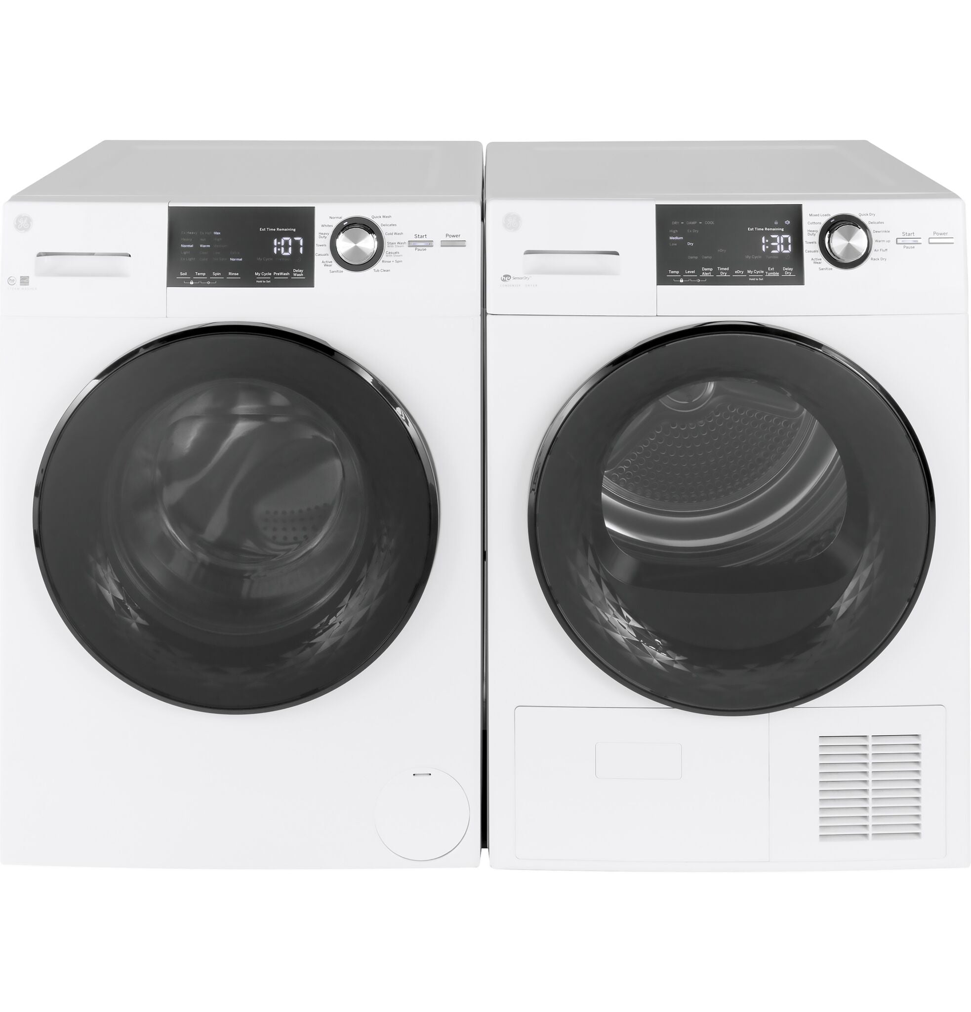 GE White Front Load Washer with Steam (2.8 IEC Cu.Ft.) & Ventless Condenser Electric Dryer (4.1 Cu.Ft.) - GFW148SSMWW/GFT14JSIMWW