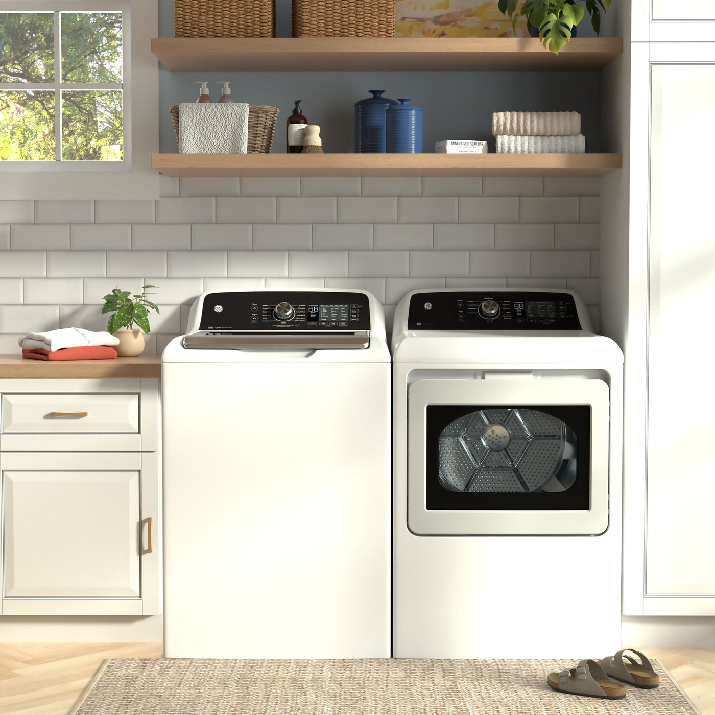 GE White Top Load Washer (5.3 Cu. Ft.) & Electric Dryer with SaniFresh (7.4 cu.ft.) - GTW681BMRWS/GTD68EBMRWS