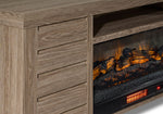 Great Falls 3-Piece Fireplace Entertainment Unit - Grey close-up showing wood-grain cabinet detailing and glowing electric fireplace